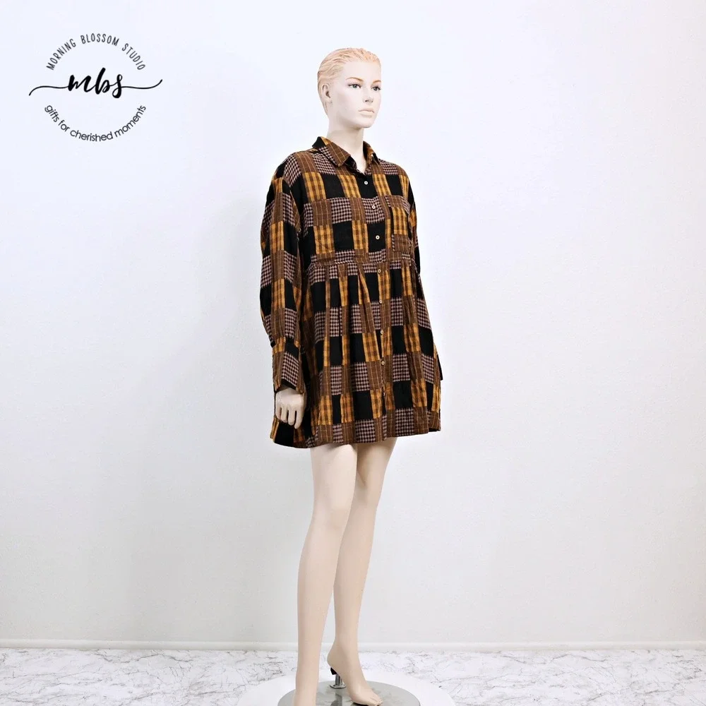 NWT Saints & Hearts Plaid Babydoll Mini Dress Black Yellow Women‎ L*